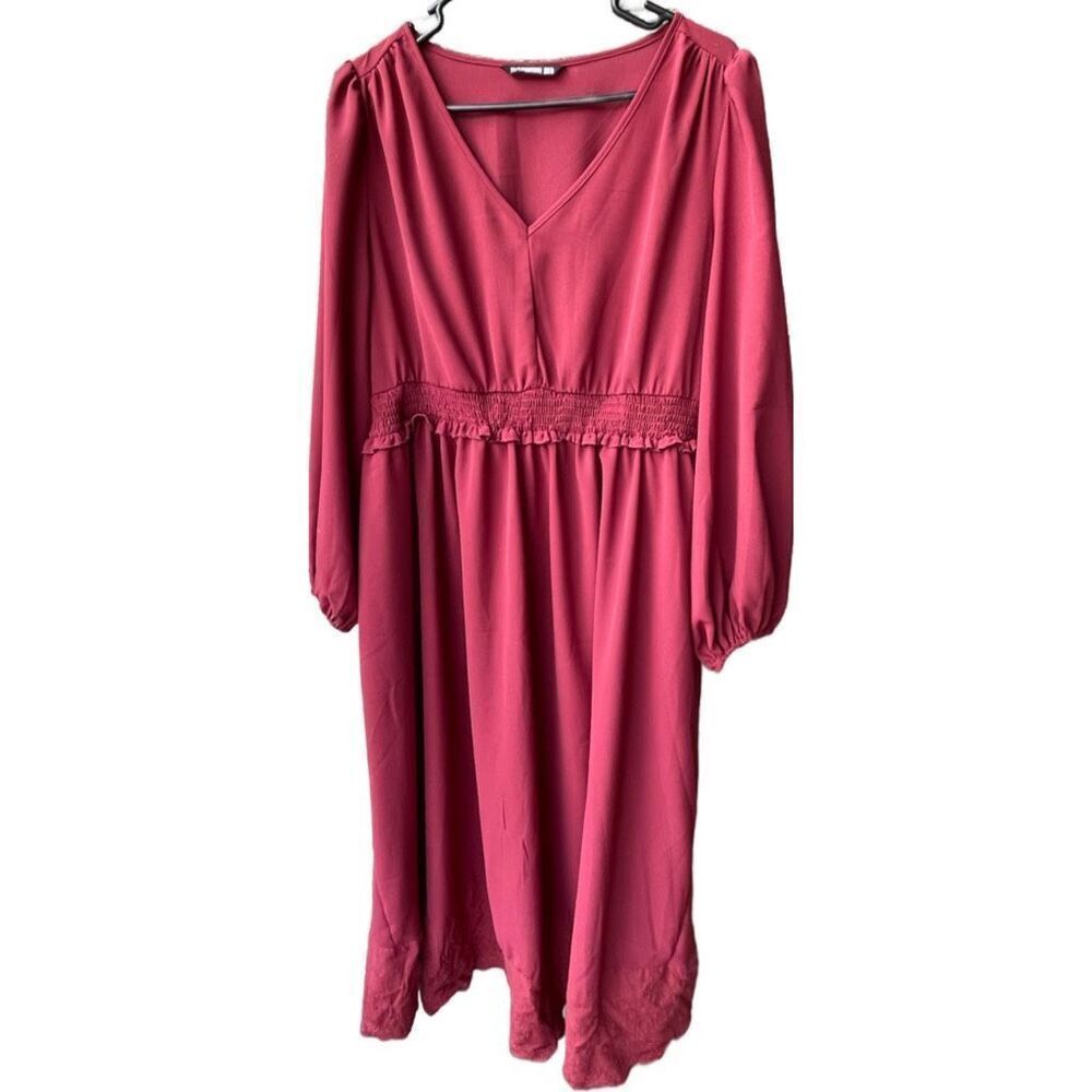 Bloomchic size 14-16 muted red smocked waist  V-neck dress